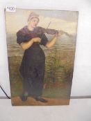 A late Victorian unframed oil on canvas painting of a violinist by the sea.