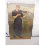 A late Victorian unframed oil on canvas painting of a violinist by the sea.