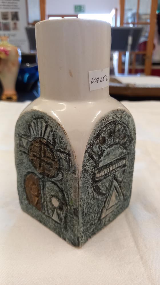 A Troika vase with columnar neck and squared lower section with four incised and enamelled panels, - Image 2 of 7