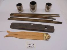 Two early 20th century cask measure sticks with brass fittings (1 a/f),