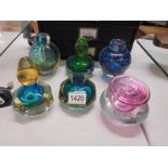Four coloured glass specimen vases and two scent bottles.