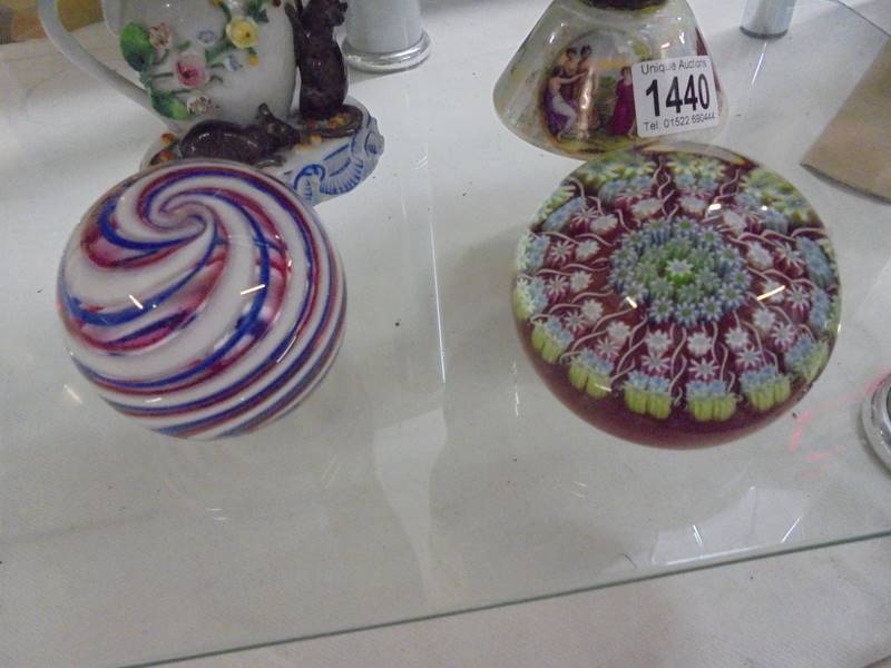 A millifiori paperweight, another paperweight, a scent bottle and a jug. - Image 4 of 4