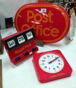 A Post Office exterior sign, a wall calendar & Quartz clock
