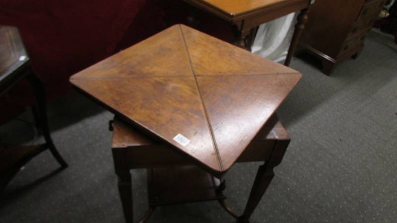 A Victorian 'envelope' fold out games table on castors, COLLECT ONLY. - Image 2 of 3