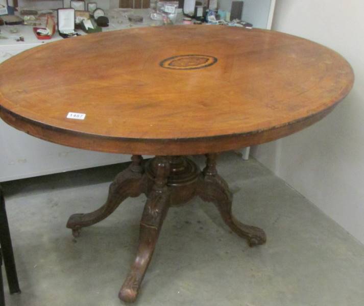A Victorian mahogany inlaid oval tip top table, COLLECT ONLY.