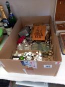 A good box of miscellaneous including thimbles, magnifying glasses, brass Lincoln Imp letter