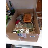 A good box of miscellaneous including thimbles, magnifying glasses, brass Lincoln Imp letter