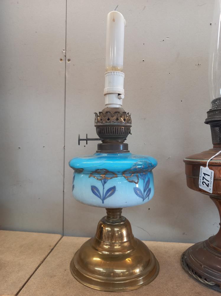 A Victorian oil lamp with painted blue glass font & Aladdin paraffin lamp COLLECT ONLY - Image 2 of 3