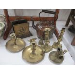 A quantity of brass and copper including chambersticks and kettle