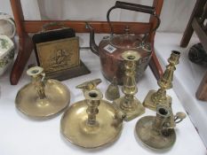 A quantity of brass and copper including chambersticks and kettle