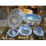 A Wedgwood Jasper ware bowl, plates, cups and saucers.