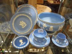 A Wedgwood Jasper ware bowl, plates, cups and saucers.