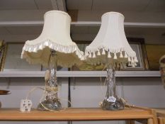 A pair of glass table lamps with shades (may need re-wiring).