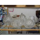 Five heavy cut glass lamp shades.