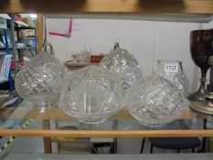 Five heavy cut glass lamp shades.