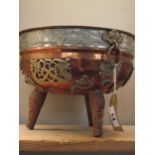 An Indian copper cauldron on 3 legs overlaid with silver plated decoration, diameter 25cm, height