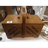 A vintage concertina sewing box + content, including cotton reels, buttons etc