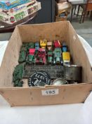 A box of old military die cast & other die cast, gauges & plaque etc.