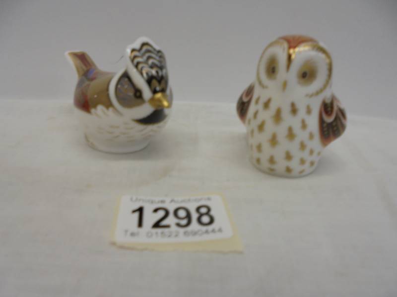 A Royal Crown Derby Crested Tit and Owlet paperweights with stopper.