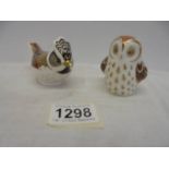 A Royal Crown Derby Crested Tit and Owlet paperweights with stopper.