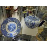 An early 20th century blue & white teapot and plate by H M & Co., England, No.122.