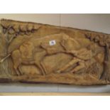 A large wooden carving of a man pulling a stubborn mule 72cm x 34cm - COLLECT ONLY