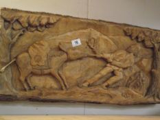 A large wooden carving of a man pulling a stubborn mule 72cm x 34cm - COLLECT ONLY