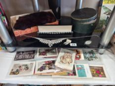 A mixed lot including postcards, costume jewellery, boxed fur glove/muff & box of shirt collars