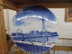 A blue and white plate featuring Blackpool tower.