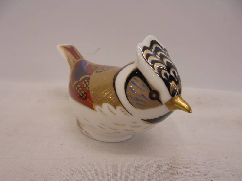 A Royal Crown Derby Crested Tit and Owlet paperweights with stopper. - Image 4 of 5