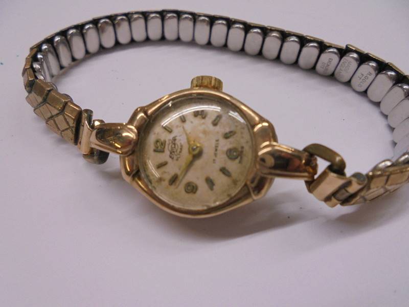 A 9ct gold Enidor Swiss 17 jewel ladies wrist watch on metal bracelet. - Image 2 of 2