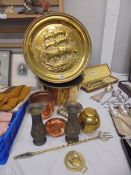 A mixed lot of brassware including a jam pan, wall plaque etc.,
