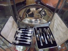 A silver plate dish early 1900's Frank Cobb & Co., Sheffield, a cased set of cake forks with server