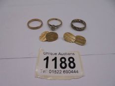 Two 9ct gold ring, one other (tests as gold not marked) & a pair of 9ct gold cuff links, 10 grams.