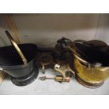 Victorian and later brass and copper including scuttles, trivets, warming pan etc COLLECT ONLY
