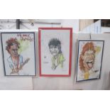 3 caricatures of The Rolling Stones Mick Jagger, Ronnie Wood and Bill Wyman, size of frames 45cm x