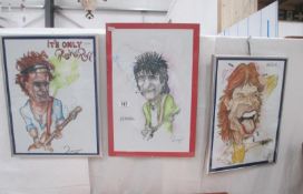 3 caricatures of The Rolling Stones Mick Jagger, Ronnie Wood and Bill Wyman, size of frames 45cm x