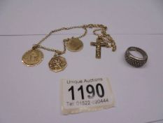 A gold chain with crucifix and 3 gold pendants 7 grams and a white metal ring (possibly white gold).