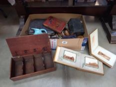 A box of miscellaneous including 2 early photo albums & cutlery etc.