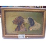 An old oil painting of two dogs, 27 x 18 cm.