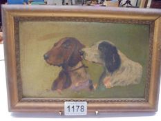 An old oil painting of two dogs, 27 x 18 cm.