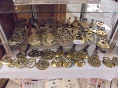 A large collection of horse brasses, some on leathers.