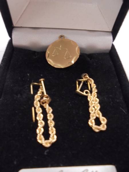 A pair of 9ct gold earrings and a 9ct gold 'Libra' pendant, 2.7 grams. - Image 2 of 2