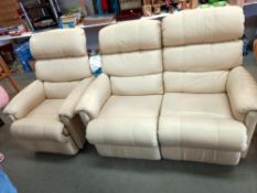 A cream leather 2 seat reclining sofa & 1 seat reclining armchair COLLECT ONLY