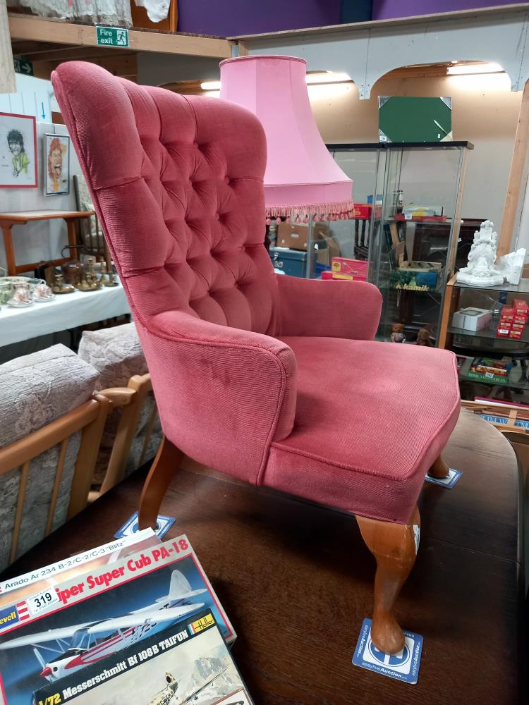 A pink Draylon deep buttoned nursing chair on Queen Anne legs COLLECT ONLY - Image 2 of 2