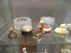 A parrot trinket box, A rabbit trinket box, an ornate scent bottle, 2 other trinket pots