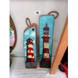 2 paintings of lighthouses on reclaimed wood by Sally Anderson
