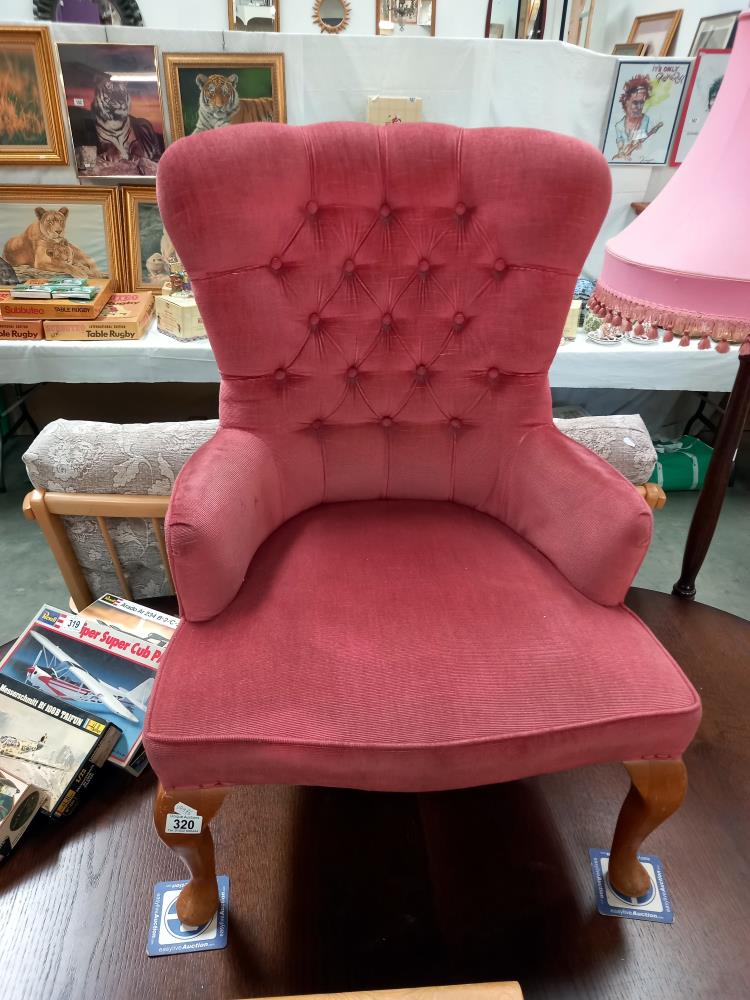 A pink Draylon deep buttoned nursing chair on Queen Anne legs COLLECT ONLY