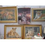 4 framed prints of tigers, leopards, meerkats by Stephen Gayford and a glazed tiger print, size of