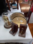 2 Indian brass trays, Anniversary clock under dome & pair of bird book ends COLLECT ONLY